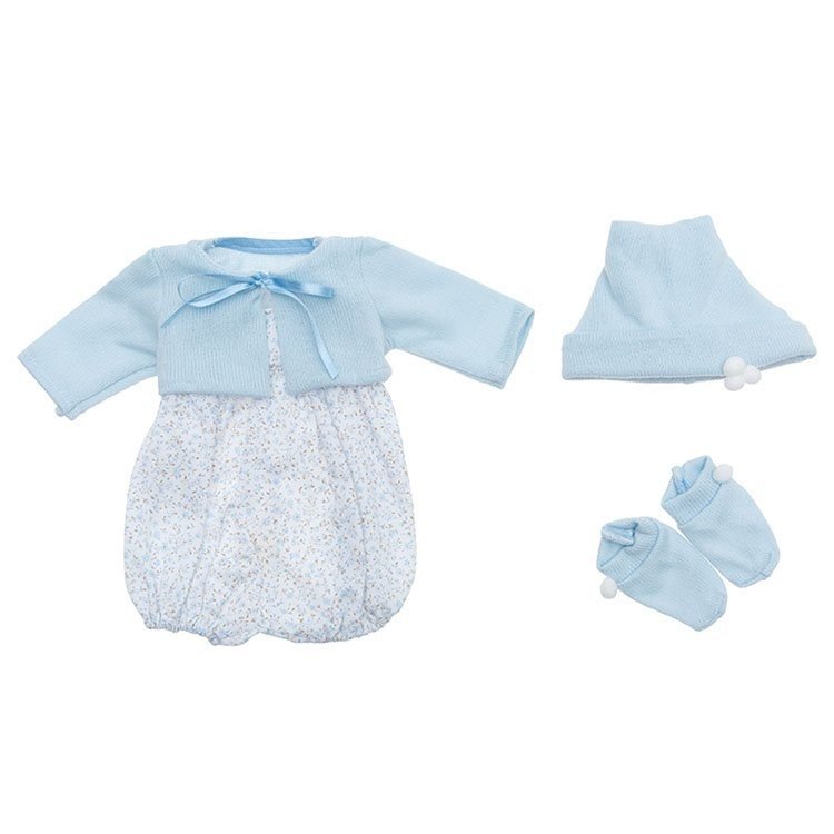 Tenue pour poupée Así - Barboteuse fleurs bleu clair avec veste, bottines et chapeau, pour poupée Pablo 43 cm