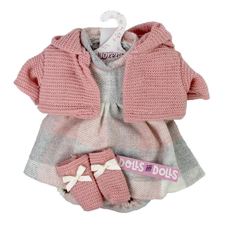 Vêtements pour poupées Llorens 33 cm - Ensemble imprimé carrés avec veste rose et chaussons