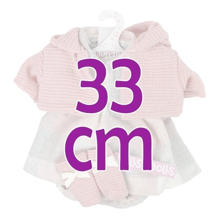 Vêtements pour poupées Llorens 33 cm - Ensemble imprimé carrés avec veste rose et chaussons