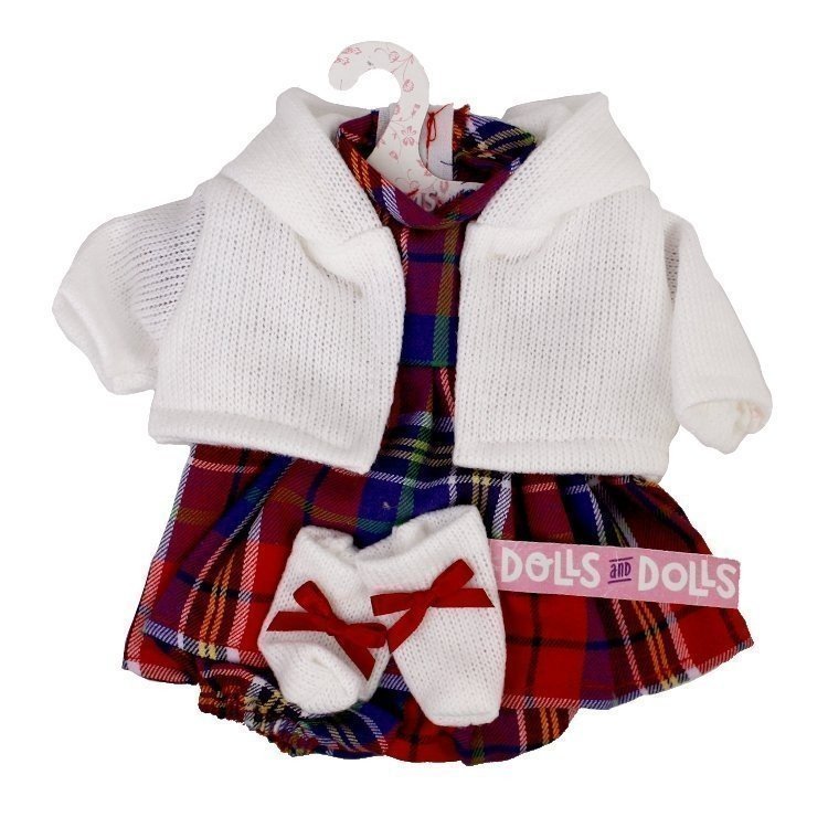 Vêtements pour poupées Llorens 33 cm - Ensemble imprimé carrés avec veste et chaussons blancs