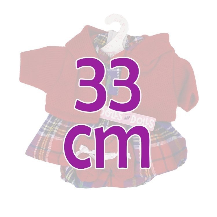 Vêtements pour poupées Llorens 33 cm - Ensemble imprimé carrés avec veste rouge et chaussons