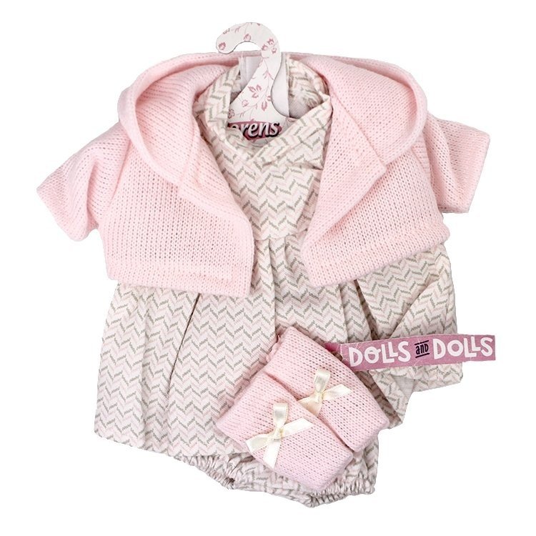 Vêtements pour poupées Llorens 33 cm - Ensemble imprimé avec veste rose et chaussons