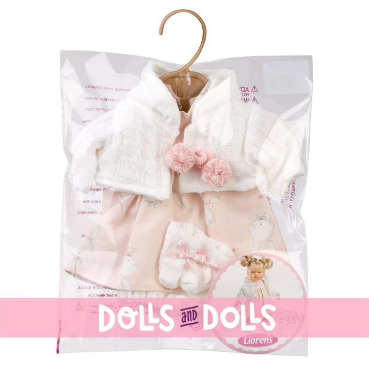 Vêtements pour poupées Llorens 33 cm - Robe lapin rose avec veste blanche