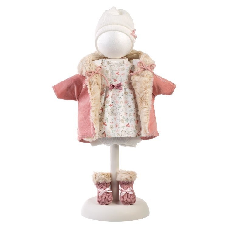 Vêtements pour poupées Llorens 35 cm - Ensemble nature avec veste et chaussettes roses et bonnet blanc