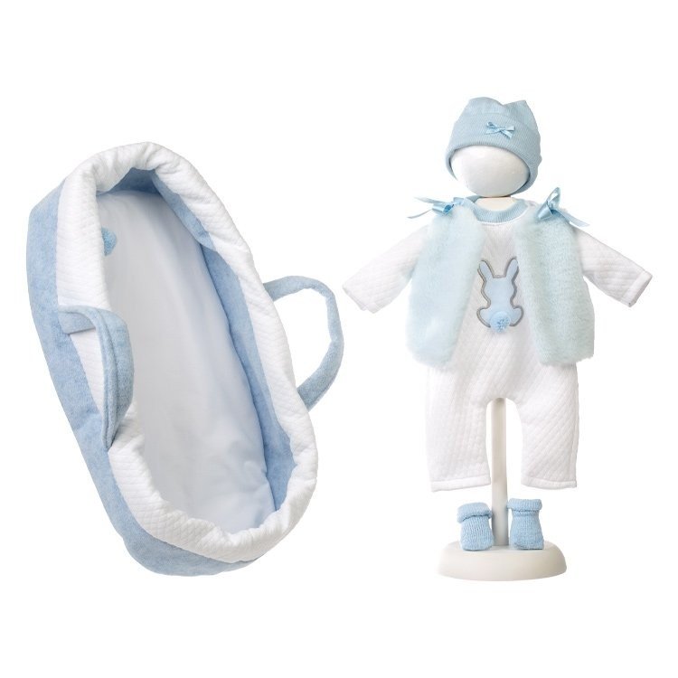 Vêtements pour poupées Llorens 42 cm - Nacelle bleue, pyjama lapin, gilet souple, chapeau et chaussons