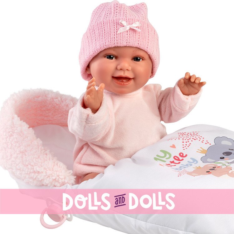 Poupée Llorens 38 cm - Chloe sourit avec un sac de couchage rose