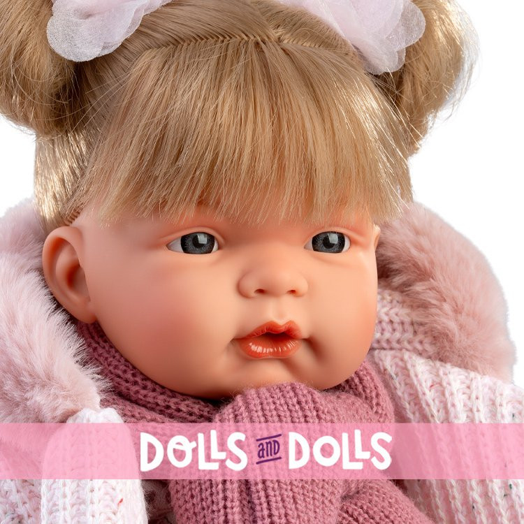 Poupée Llorens 38 cm - Joelle pleureuse vêtue d'une robe rose à fleurs et d'une veste