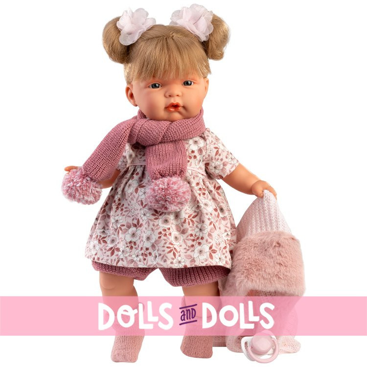 Poupée Llorens 38 cm - Joelle pleureuse vêtue d'une robe rose à fleurs et d'une veste