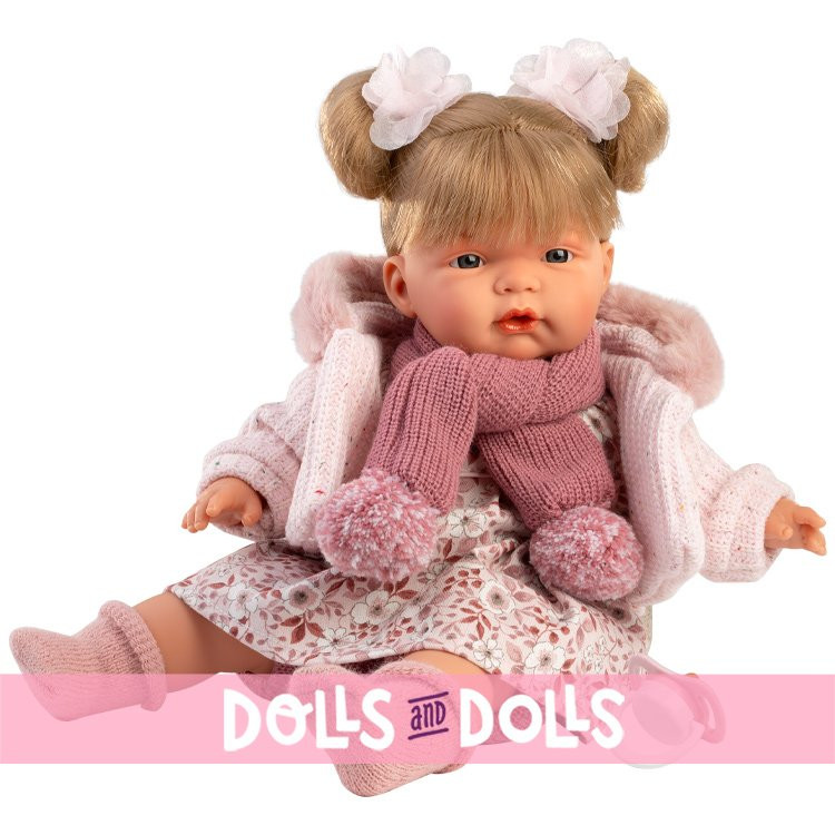 Poupée Llorens 38 cm - Joelle pleureuse vêtue d'une robe rose à fleurs et d'une veste