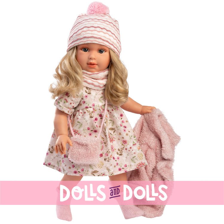 Poupée Llorens 40 cm - Lucia en robe à fleurs et veste en laine rose