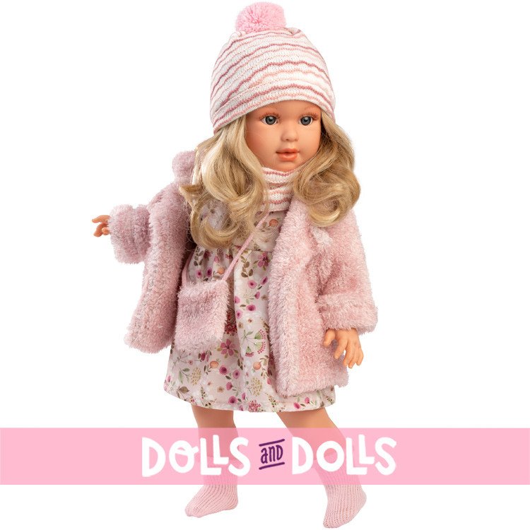 Poupée Llorens 40 cm - Lucia en robe à fleurs et veste en laine rose