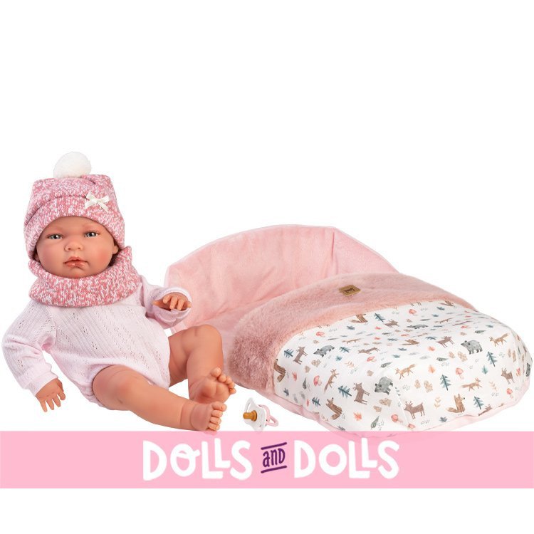 Poupée Llorens 40 cm - Nouveau-né Nica avec un sac de couchage rose