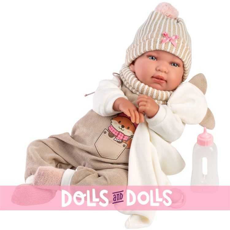 Poupée Llorens 44 cm - Pleurer Newborn Tina avec un body beige à motif renard
