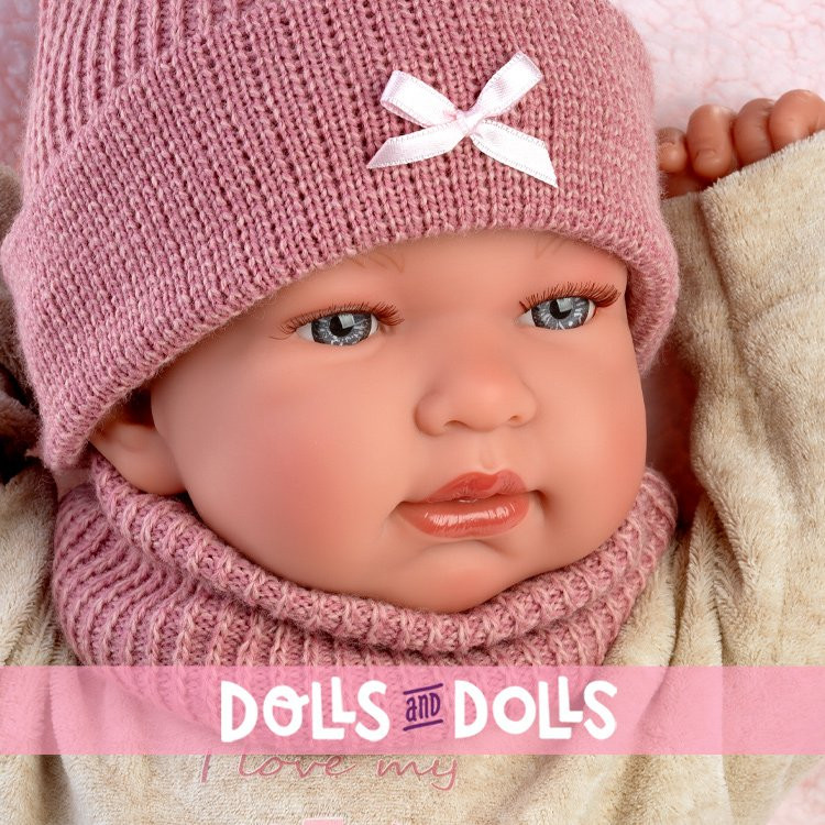 Poupée Llorens 44 cm - Pleurer Newborn Tina con body beige con estampado de osito