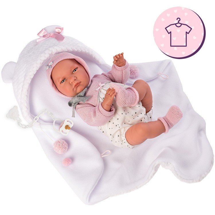 Vêtements pour poupées Llorens 42 cm - Ensemble barboteuse étoiles avec bonnet, chaussettes et couverture