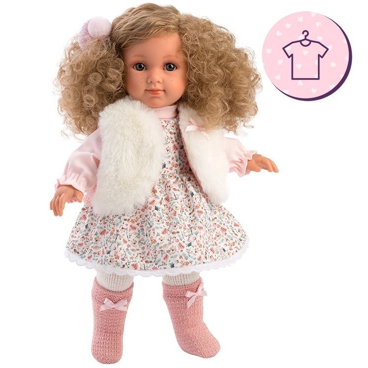 Vêtements pour poupées Llorens 35 cm - Petite robe fleurie avec gilet, bas, chaussettes et pompon