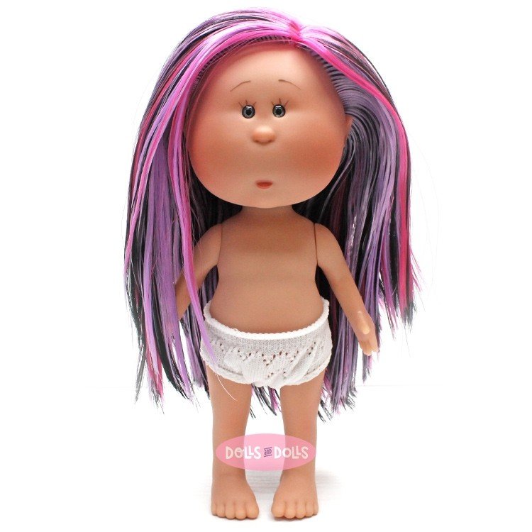 Poupée Nines d'Onil 23 cm - Petite Mia aux cheveux lisses noirs, violets et roses - Sans vêtements