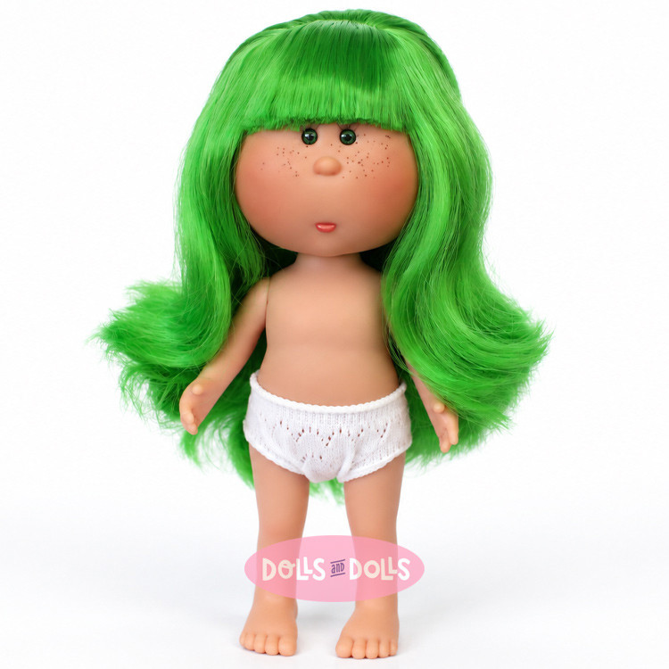 Poupée Nines d'Onil 23 cm - Little Mia aux cheveux verts lisses, avec une frange et des taches de rousseur - Sans vêtements