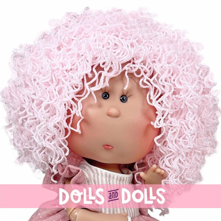 Poupée Nines d'Onil 30 cm - Mia ARTICULÉE aux cheveux roses laineux avec animal de compagnie