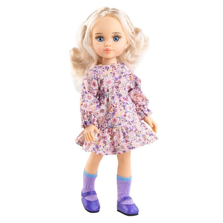 Poupée Paola Reina 32 cm - Las Amigas - Clara avec une robe à fleurs roses et des chaussures violettes