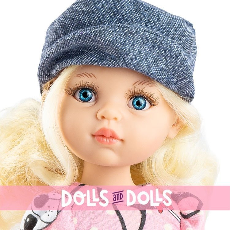 Poupée Paola Reina 32 cm - Las Amigas - Claudia en robe rose pour chiot avec une casquette en denim