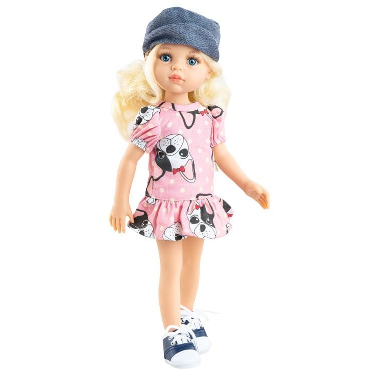 Poupée Paola Reina 32 cm - Las Amigas - Claudia en robe rose pour chiot avec une casquette en denim