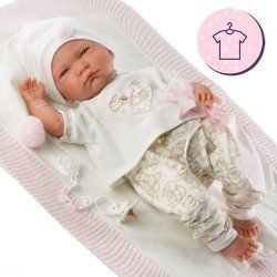 Vêtements pour poupées Llorens 42 cm - Pyjama animal blanc avec bonnet et doudou rose