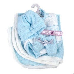 Vêtements pour poupées Llorens 26 cm - Barboteuse bébé imprimé bleu avec chaussons, bonnet et couverture