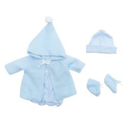 Tenue pour poupée Así 43 cm - Barboteuse en tricot bleu clair, duffle coat, bonnet et chaussons pour poupée Pablo