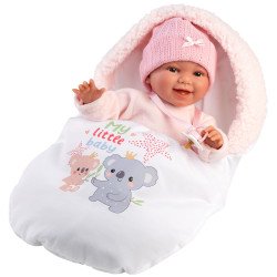 Poupée Llorens 38 cm - Chloe sourit avec un sac de couchage rose