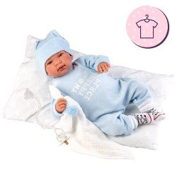 Vêtements pour poupées Llorens 44 cm - Ensemble barboteuse bleu avec bonnet, chaussettes, doudou et coussin