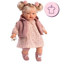 Vêtements pour poupées Llorens 33 cm - Robe imprimée rose avec gilet, chaussons et pompons