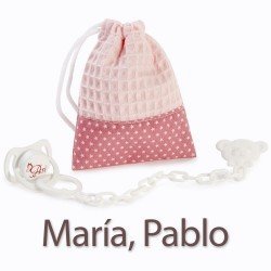Compléments pour poupées María et Pablo d'Así - Tétine et sac rose avec étoiles blanches