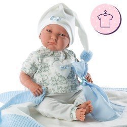 Vêtements pour poupées Llorens 42 cm - Pyjama animal blanc avec bonnet et doudou bleu