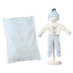 Vêtements pour poupées Llorens 35 cm - Pull imprimé lapin, pantalon, bonnet et oreiller bleu