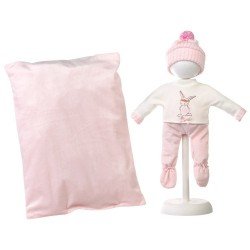 Vêtements pour poupées Llorens 35 cm - Pull avec imprimé lapin, pantalon, bonnet et coussin rose
