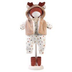 Vêtements pour poupées Llorens 42 cm - Pyjama imprimé, gilet à capuche en forme de renne, bonnet et chaussons assortis.