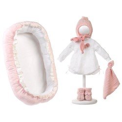 Vêtements pour poupées Llorens 42 cm - Petit lit avec dentelle, barboteuse courte, bonnet, couverture et chaussons