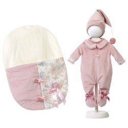Vêtements pour poupées Llorens 44 cm - Pyjama, bonnet et sac de couchage roses à imprimé mi-fleur mi-point