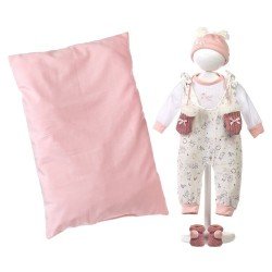 Vêtements pour poupées Llorens 44 cm - Robe à imprimé gribouillis, T-shirt, bonnet, chaussons et coussin rose.