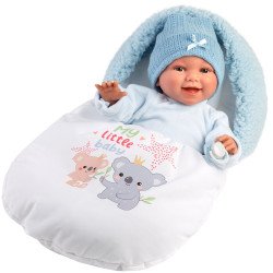 Poupée Llorens 38 cm - Liam sourit avec un sac de couchage bleu ciel