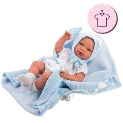 Vêtements pour poupées Llorens 40 cm - Tenue blanche avec chapeau, chaussettes et couverture bleue