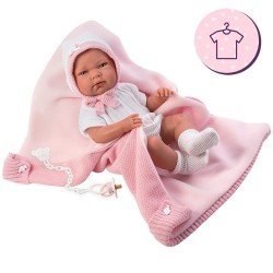 Vêtements pour poupées Llorens 40 cm - Tenue blanche avec chapeau, chaussettes et couverture rose