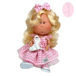Poupée Nines d'Onil 30 cm - Mia ARTICULÉE - blonde avec robe à carreaux roses et mascotte