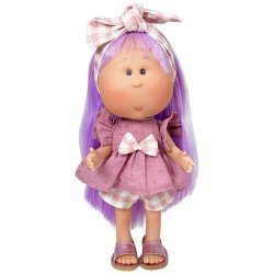 Poupée Nines d'Onil 30 cm - Mia avec des cheveux lilas et une robe rose