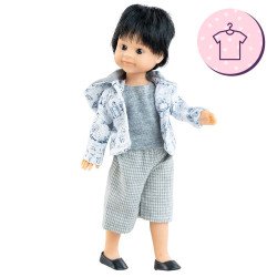 Ensemble pour poupée Paola Reina 21 cm - Las Miniamigas - Adrián - T-shirt et pantalon gris et veste blanche à motifs