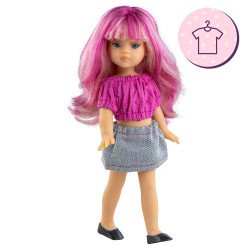 Ensemble pour poupée Paola Reina 21 cm - Las Miniamigas - Soraya - T-shirt fuchsia et jupe grise