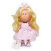 Nines d'Onil Puppe 30 cm - Mia blond mit rosa kariertem Kleid und Maskottchen