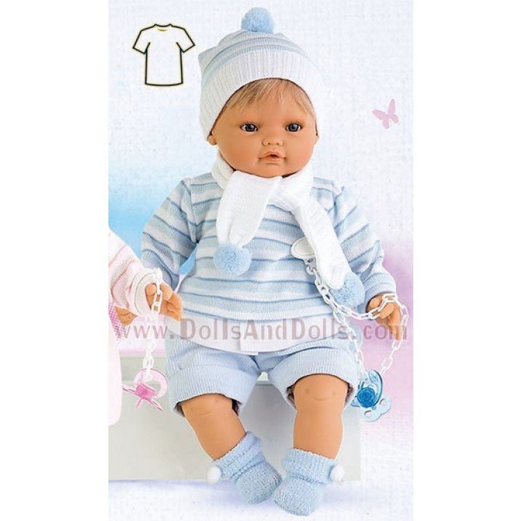 Conjunto azul-blanco rayas con bufanda y gorro 40-42 cm