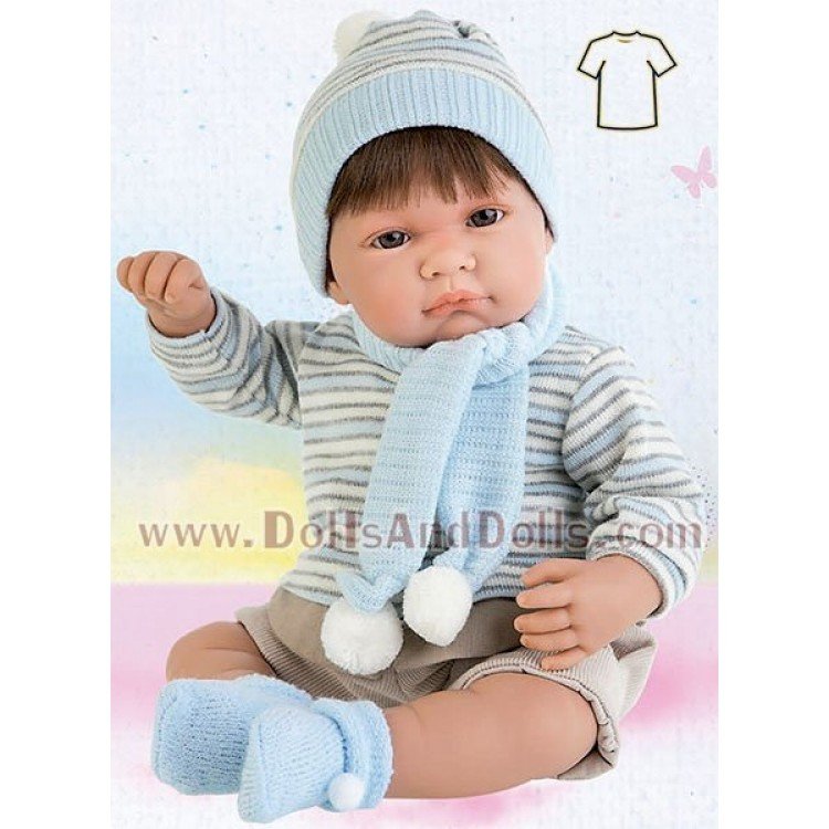 Conjunto marrón-azul rayas con bufanda y gorro 40-42 cm